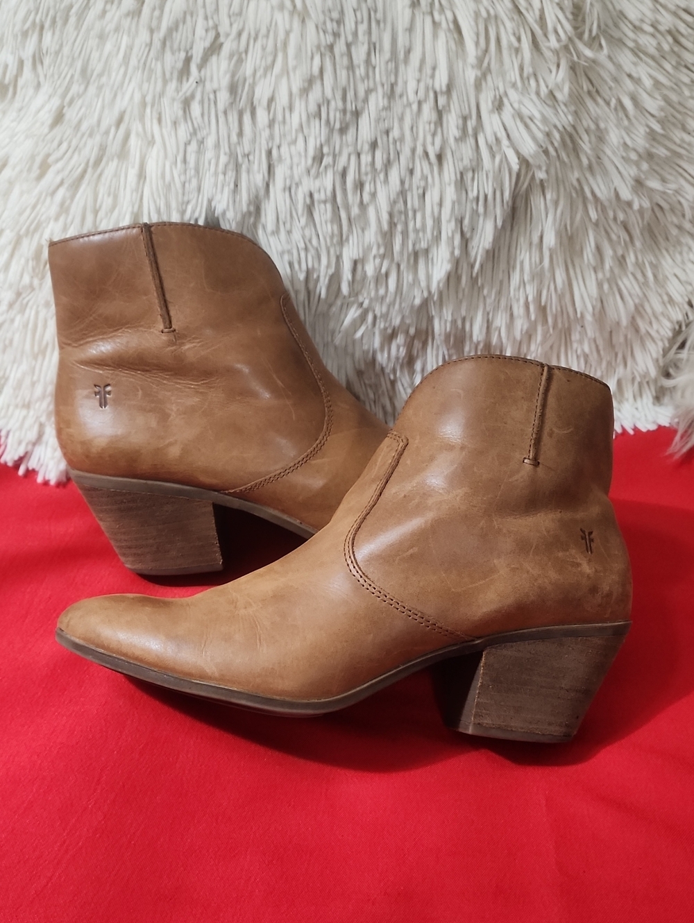Frye Jennifer Tan Leather Ankle Booties with Stacked Heel